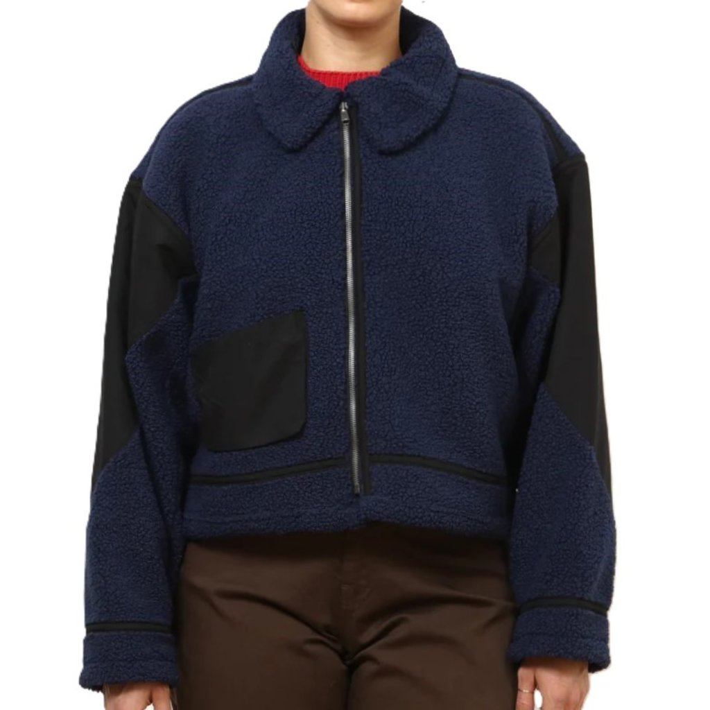 Loup Vanessa Cropped Faux-Shearling Bomber Jacket In Navy - Size Medium (Nwt)